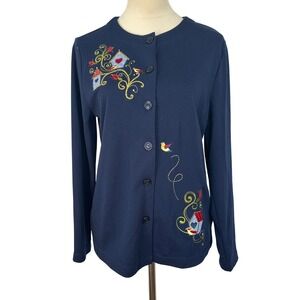Breckenridge Embroidered Birdhouse Cardigan Sweater Women Petite Medium Navy